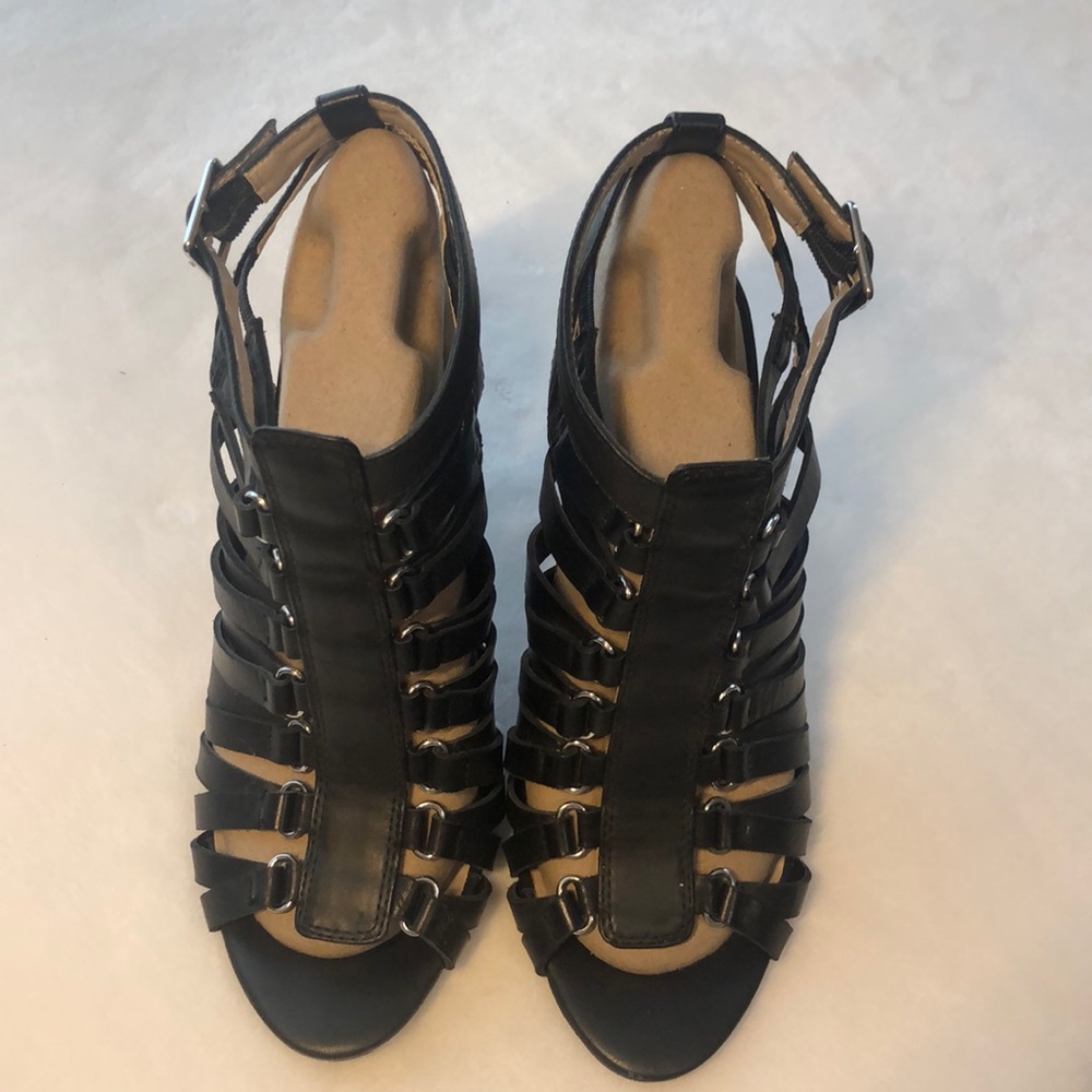 GUESS Size 8.5M Black Leather Upper Strappy 4-inch Stilettos